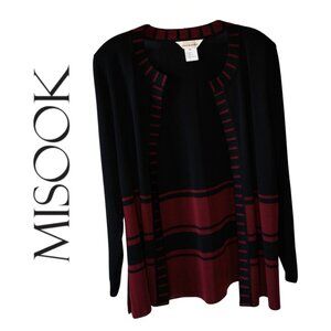 Misook, Striped Open Front Jacket Cardigan, Black, Maroon‎